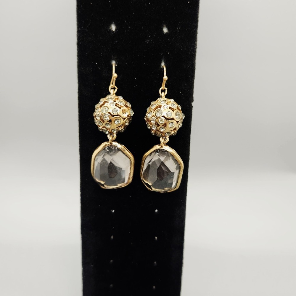 Glamorous Dangle Drop Earrings 2" Long Clear Faceted Stone Rhinestone Gold Tone